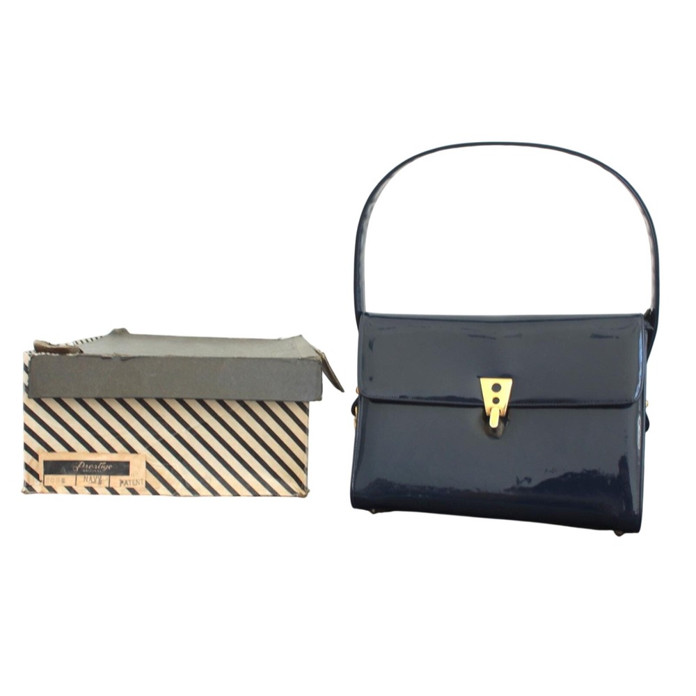 Prestige Original Navy Blue Patent Leather Vintage Top Handle Bag Gold Hardware